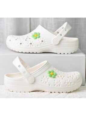 New! Size: 5 Junior | Crocs Classic Clog Floral Cut Out Chalk | 210943-0WV